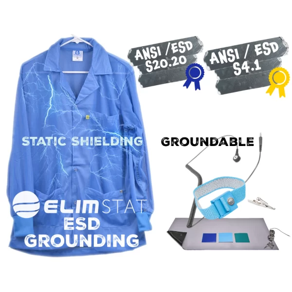 Groundable ESD Garments are Groundable by wearing wrist straps connected to electrical ground. Mats and Wrist Straps for ESD Grounding sold separately.