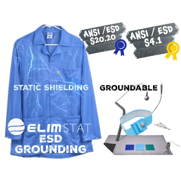 ESD Smocks are Groundable by wearing wrist straps connected to electrical ground. Mats and Wrist Straps for ESD Grounding sold separately.