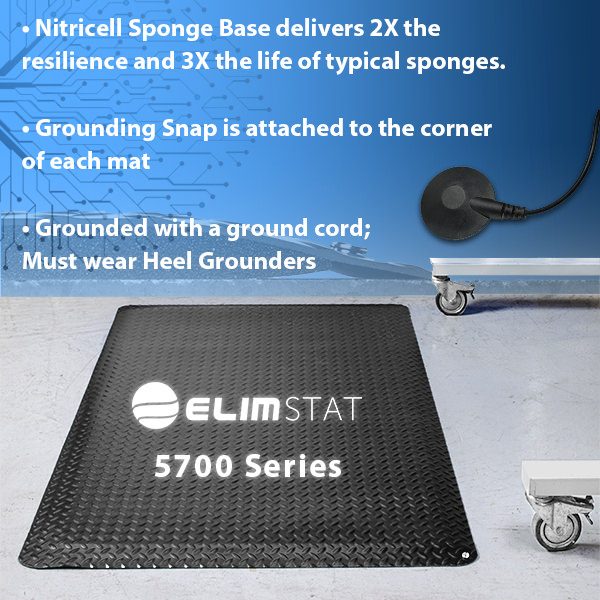 Elimstat.com Anti Static Floor Mats are diamond-plated and havea nitricell sponge base. Connect to a 4720 Series Mat Ground to electrically bond the mat.