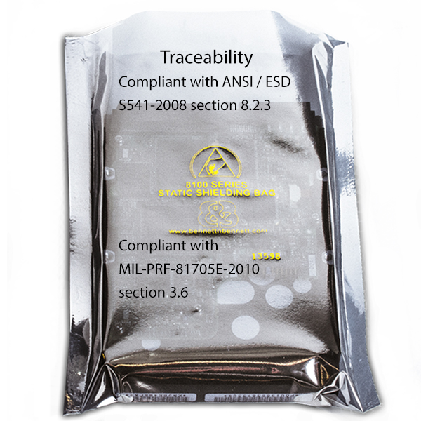 Elimstat Shielding Bags are compliant with both ANSI / ESD S541-2008 and MIL-PRF-81705E-2010 requirements for lot codes, for date / lot code traceability.