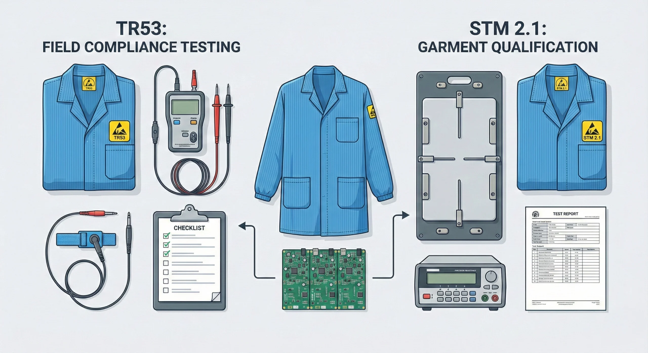 Comparing ESD STM 2.1 and ESD TR53 in the context of ESD Smock Testing