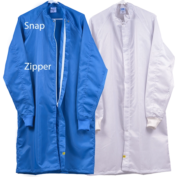 Blue and white cleanroom ESD lab coats with snap and zipper callouts